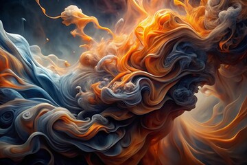Abstract fluid art, swirling vibrant colors, fire and ice collision, dynamic energy, cosmic turbulence, orange and blue contrast, ethereal cloudscape, dramatic lighting, digital painting, surreal atmo