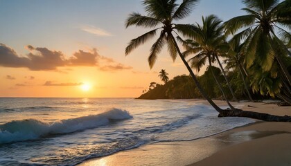 Calm Tropical Beach Fringed by Palm Trees, With Gentle Waves Lapping Against the Shore and a Brilliant Orange Sun Setting Over the Horizon on a Quiet Evening