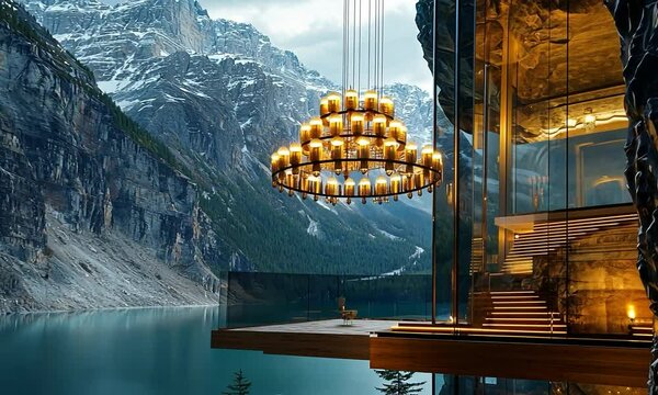Elegant chandelier in an organic home built into a hillside, with living exterior and vertical gardens, featuring a view of peaceful countryside with a meandering river
