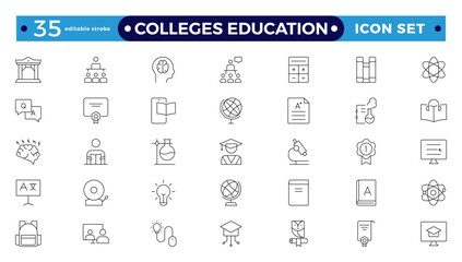 Colleges education icons. School, University, Back to school, Classroom, students and teacher. Science Education and knowledge outline icon. Editable stroke outline icon.
