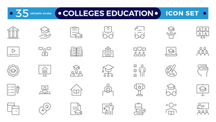 Colleges education icons. School, University, Back to school, Classroom, students and teacher. Science Education and knowledge outline icon. Editable stroke outline icon.
