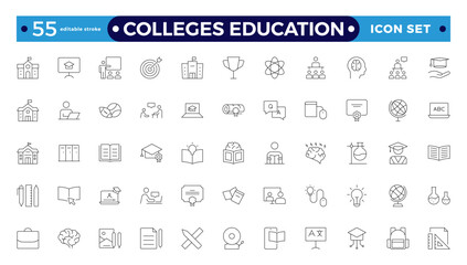 Colleges education icons. School, University, Back to school, Classroom, students and teacher. Science Education and knowledge outline icon. Editable stroke outline icon.
