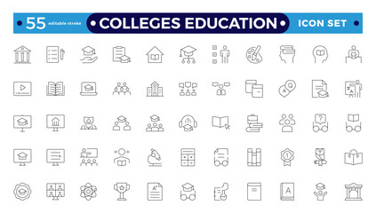 Colleges education icons. School, University, Back to school, Classroom, students and teacher. Science Education and knowledge outline icon. Editable stroke outline icon.
