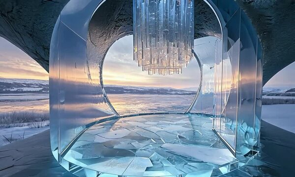 Futuristic chandelier in a sleek glass-walled living room overlooking a rugged coastal cliff with crashing waves below