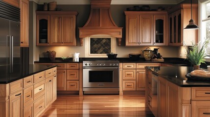 Luxury kitchen featuring stylish wooden cabinetry, black countertops, and modern appliances,