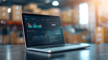 Data analytics action on laptop warehouse environment digital graphs display modern technology viewpoint business insights concept