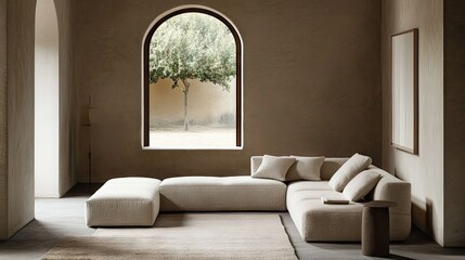 Fototapeta premium Cozy and Modern Living Room Interior with a Stylish Sectional Sofa and a Large Arched Window Overlooking a Peaceful Outdoor Scene