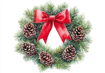 Christmas wreath with pine cones and a red bow, watercolor illustration on a white background