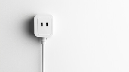 A white plug with two prongs is attached to a white wall