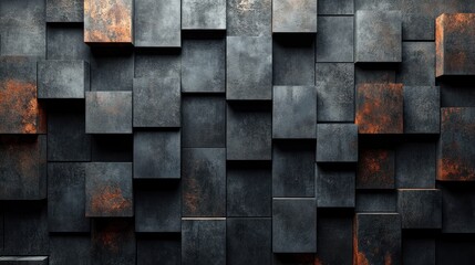 Abstract textured wall with 3D block patterns and rust accents.
