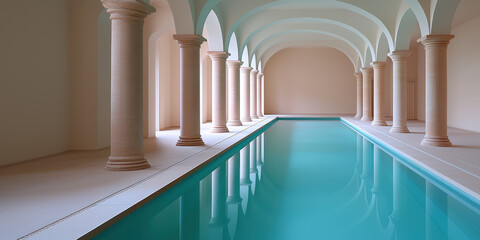 Naklejka premium Serene indoor swimming pool with elegant columns and arches