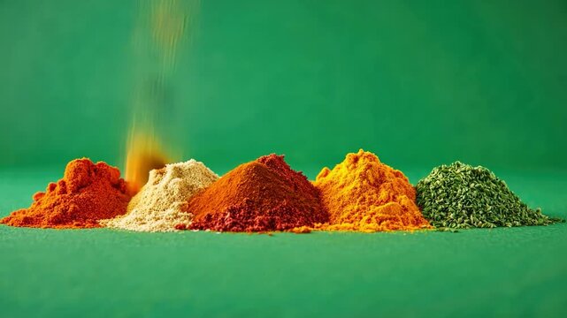 Aromatic Spice Blend: A vibrant collection of culinary spices, meticulously arranged in small mounds, evokes the warmth and richness of global flavors. The subtle steam adds an element of intrigue. 