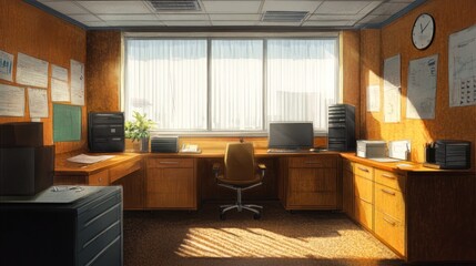Fototapeta premium A sunny office interior with a large window, two desks, a chair, filing cabinets, and a plant.