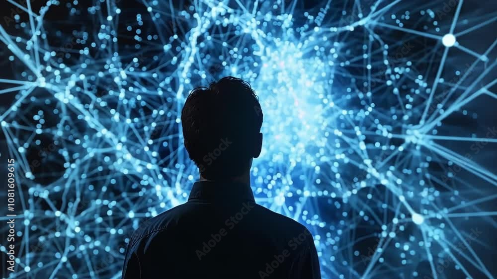 Poster scientist is looking at a digital representation of a neural network, symbolizing research in neurot