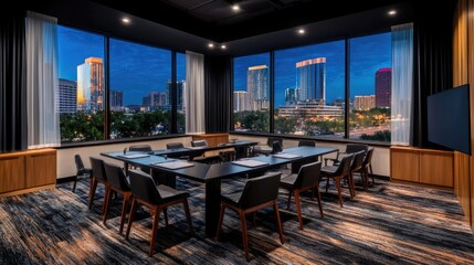 Modern conference room with panoramic city view at dusk, featuring stylish furniture, large windows, and vibrant urban skyline illuminated by city lights.