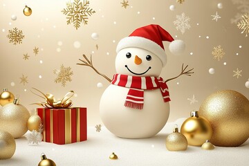 Cute Christmas snowman with gift box with golden metal balls and snowflakes. Festive winter composition. Beige background.