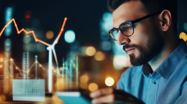 A focused man analyses data on his phone, surrounded by digital graphs and city lights, symbolizing modern technology and analytics.