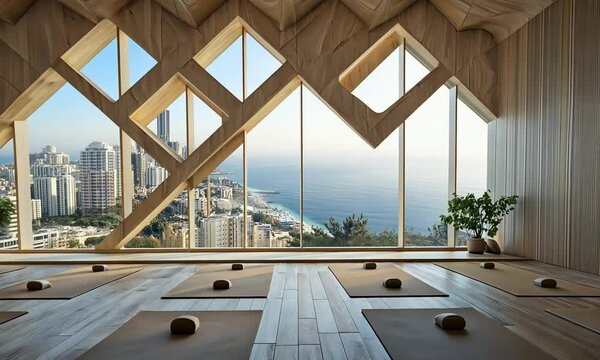 Art Moderne yoga room with sleek decor, geometric patterns, and a panoramic view of a serene forest