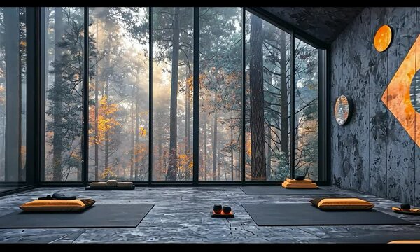 Art Moderne yoga room with sleek decor, geometric patterns, and a panoramic view of a serene forest