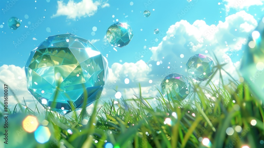 Poster abstract geometric shapes floating in the air over a grassy field with a bright blue sky and white c
