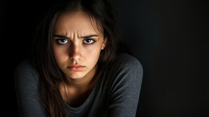 Fototapeta premium Facial expression - a sad young woman against a black background