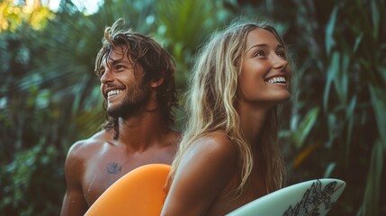Dynamic duo  travelers embark on outdoor adventures, surfing the waves of exploration