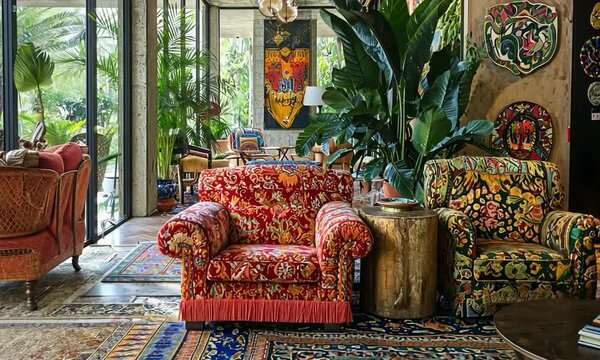 Bohemian hotel lobby with colorful accents, cozy textiles, and a view of rolling hills