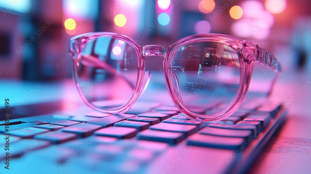 Poster glasses resting on a keyboard with colorful lighting effects.