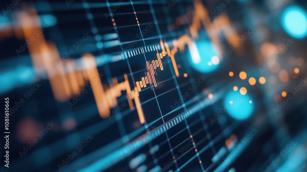 Poster a close-up view of a digital financial chart displaying fluctuating data trends and market movements