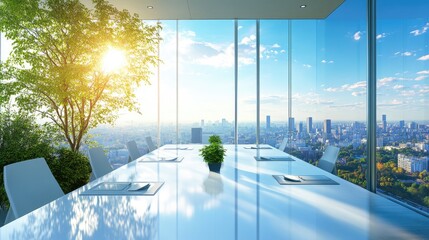 Modern Conference Room with Panoramic Views and Natural Light Showcasing a Bright and Inviting Atmosphere in a High-Rise Building