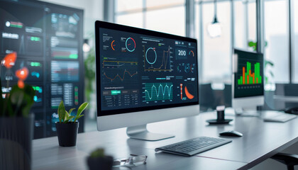 Data visualization and analytics in a modern office workspace digital dashboard insights urban environment professional perspective