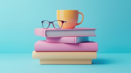 Colorful Stack of Books with Eyeglasses and Coffee Mug on a Bright Blue Background for Educational and Cozy Lifestyle Themes