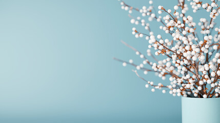 The image features a soft, abstract blue background with a gentle bokeh effect. Creating a dreamy and peaceful atmosphere, empty background ,copy space,Soft mood, Softbox lighting .