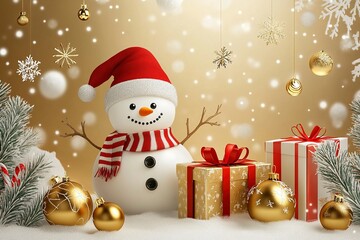 Cute Christmas snowman with gift box with golden metal balls and snowflakes. Festive winter composition. Beige background.