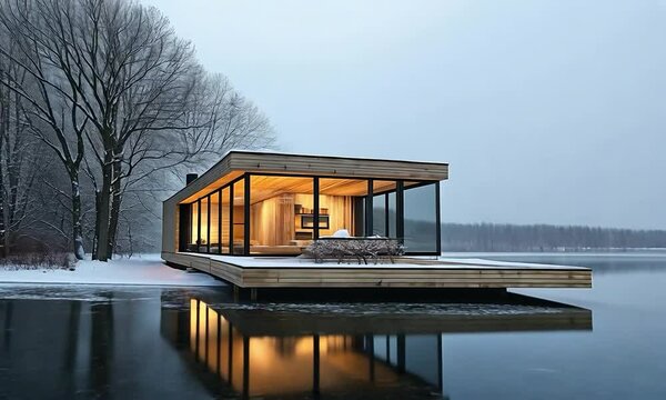 Scandinavian home on an icy ledge, with a clean facade and expansive windows, overlooking a frozen lake and snowy landscape