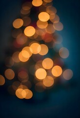 Blurred golden and blue bokeh lights, abstract holiday background.