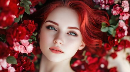 Fototapeta premium Beautiful and attractive woman with ruby red hairstyle
