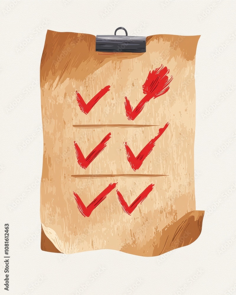 Poster a vintage-style checklist on parchment, featuring red check marks, symbolizing tasks completed and o