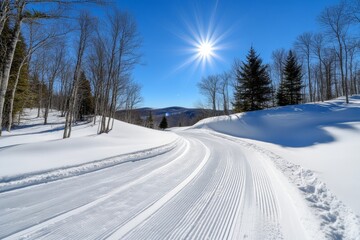 Obraz premium A snowy forest with ski tracks winding through, serene and quiet winter landscape