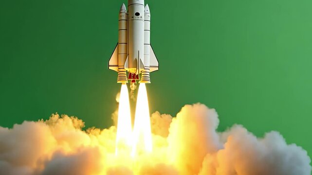Rocket Launch: A dramatic image of a rocket launching into space, surrounded by clouds of smoke and fire against a vibrant green screen. Perfect for illustrating concepts related to innovation, speed.