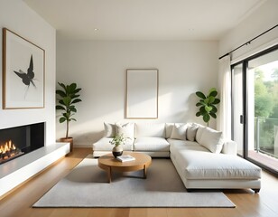 A modern and minimalist living room with a large white sectional sofa, a wooden coffee table, and a framed abstract artwork on the wall. The room has a warm and cozy atmosphere with natural lighting.