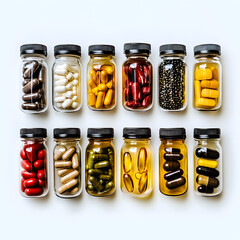 Assorted supplement bottles with colorful capsules isolated on white background, ideal for vitamins, health supplements, and nutritional storage solutions