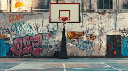 A basketball court with a hoop and scoreboard, urban setting with graffiti on walls, Street style