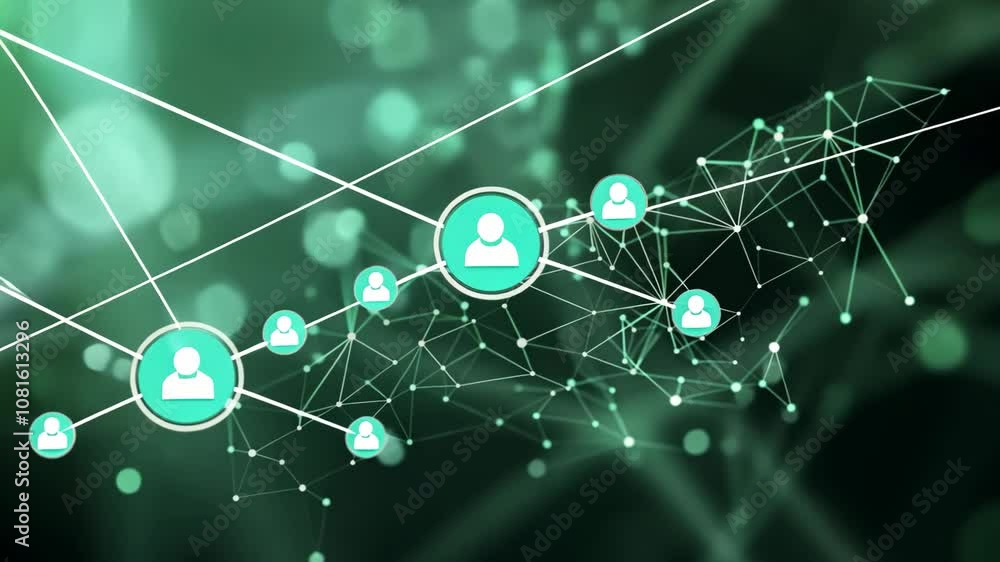 Poster abstract geometric network with green lights and bokeh effect, modern digital background for technol