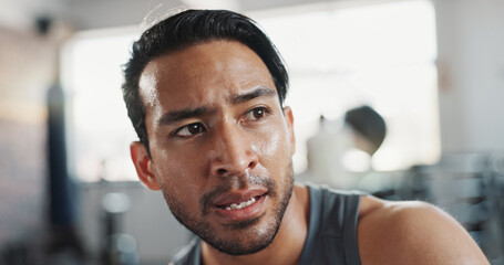 Gym, asian man and tired with rest for workout, cardio training and exhausted for health fitness....