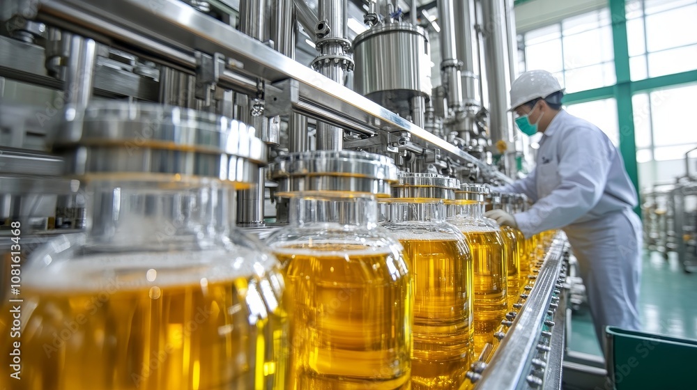 Poster worker monitoring a bottling line in a food processing factory