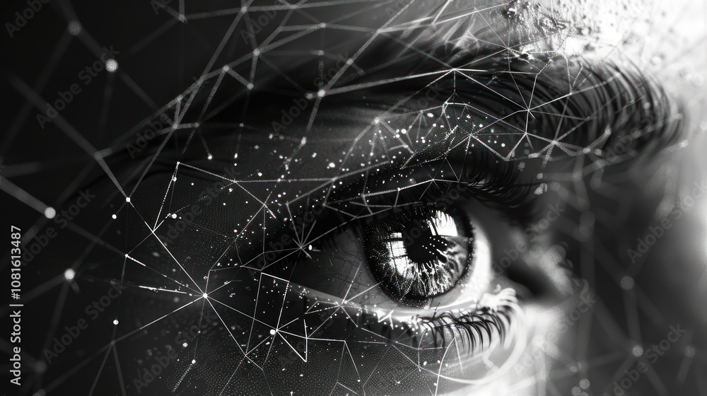 Poster close-up of an eye with a network of lines and dots.