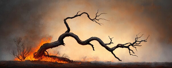 The burned tree remains. A dramatic scene of a blackened branch engulfed in flames against a smoky background.