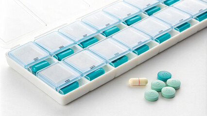weekly pill organizer filled with various medications, showcasing range of colors and shapes, emphasizing health and wellness