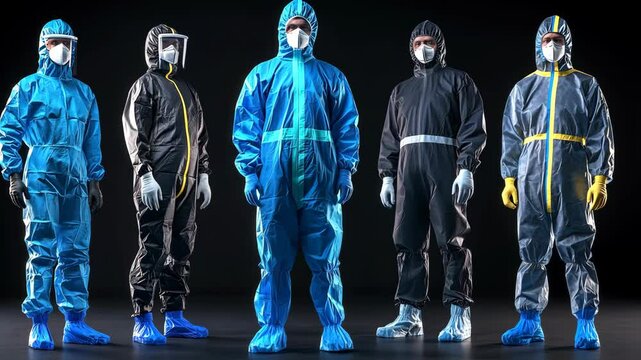 Five people are wearing protective suits and masks, standing in a row on a black background